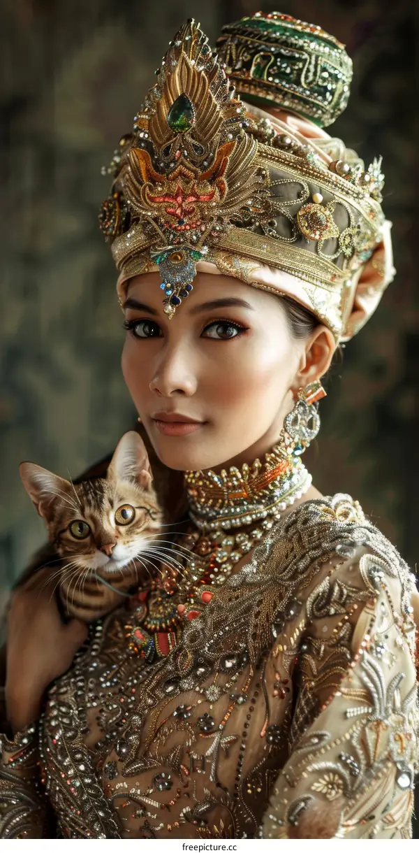 A woman wearing a traditional headdress and jewelry with a cat on her shoulder