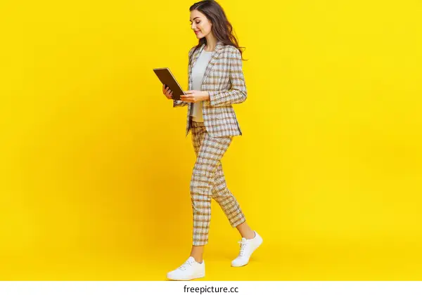 Woman in Plaid Suit Holding Tablet Against Yellow Background