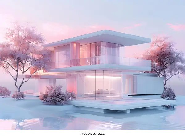 pink modern house in water with pink trees