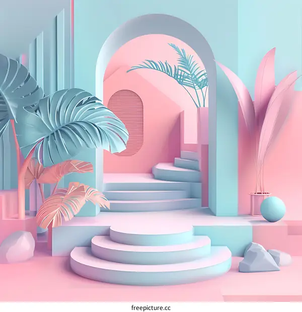 Pastel Pink and Blue 3D Minimalist  Archway With Palm Tree  and Stairs