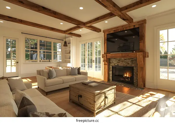 A cozy living room with a fireplace and a TV