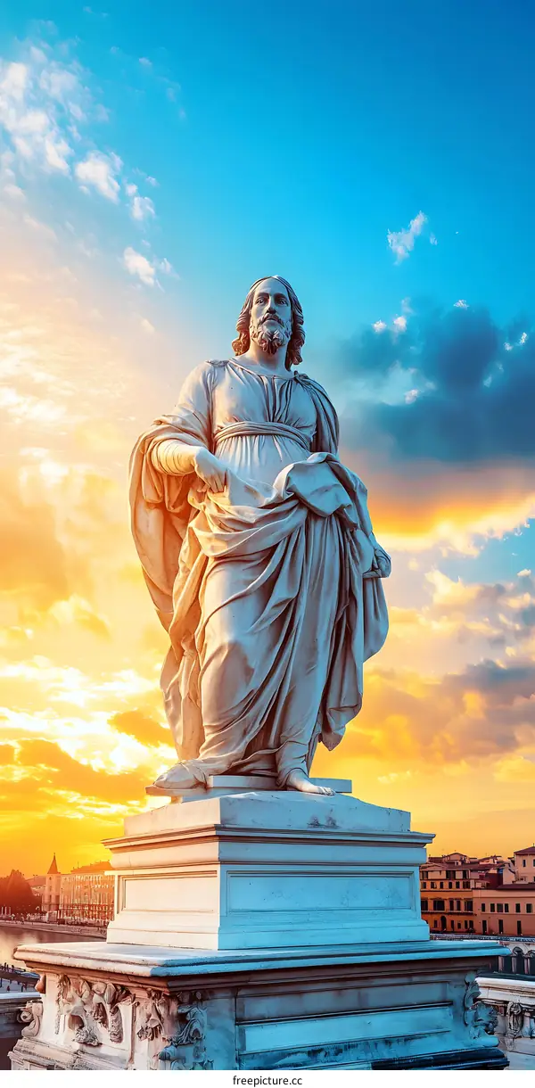 White Marble Statue of a Man in a Robe at Sunset