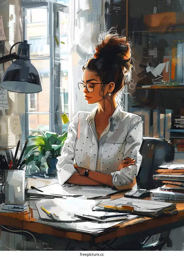 girl in glasses sitting at desk looking out window