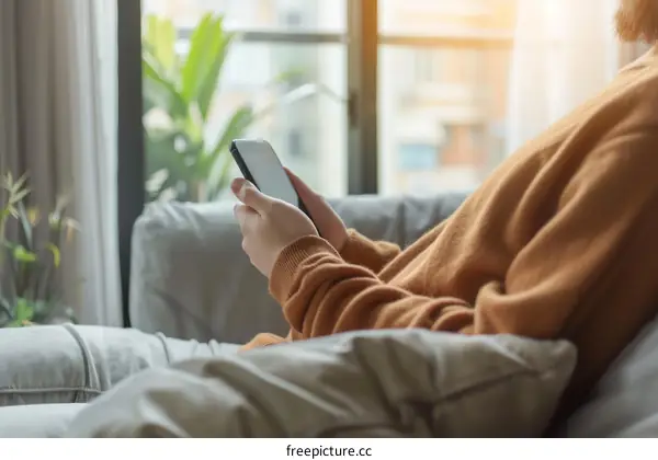 A person sitting on a couch and using a smartphone