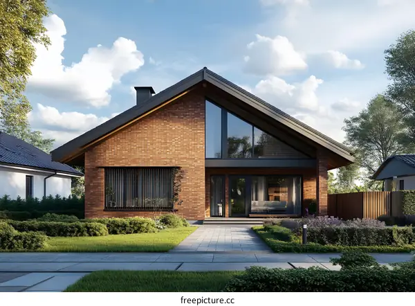 Modern Brick House with Large Windows and Green Lawn