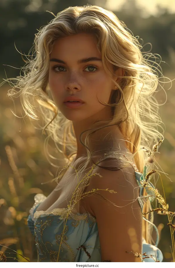 portrait of a beautiful blonde woman in a blue dress standing in a field of wheat