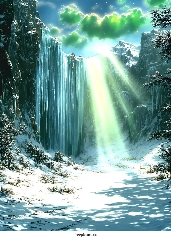Frozen Waterfall Landscape with Shining Light