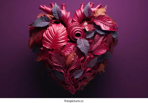 A 3D illustration of a heart made of red and pink leaves and vines.