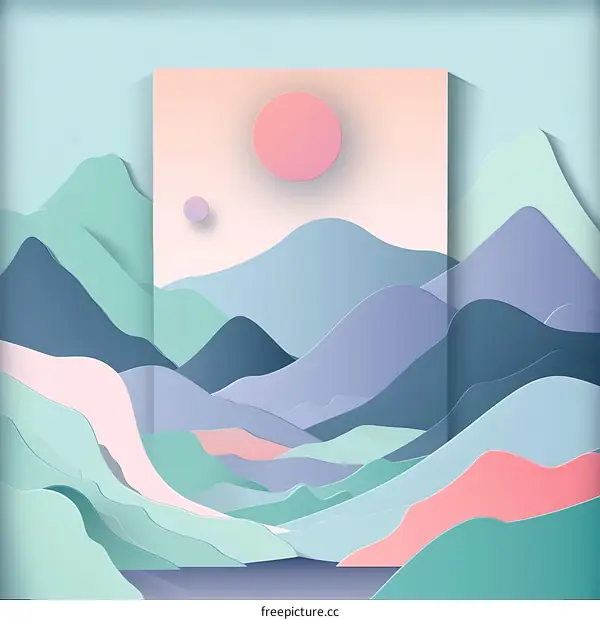 Paper Cut Art Mountain Landscape with Sunset