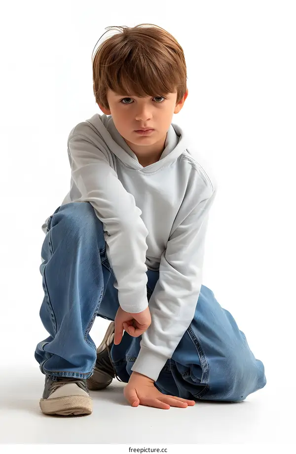 Portrait of a boy in a gray hoodie and blue jeans crouching on the floor