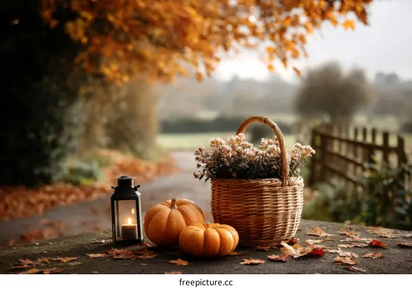 Autumnal Countryside Scene with Pumpkins and Basket