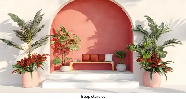 Tropical Plants Patio Decor with Wooden Bench