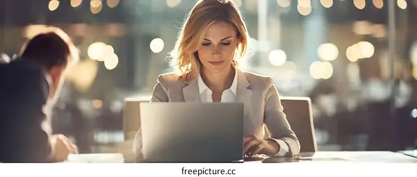 Young Businesswoman Working on Laptop in Cafe