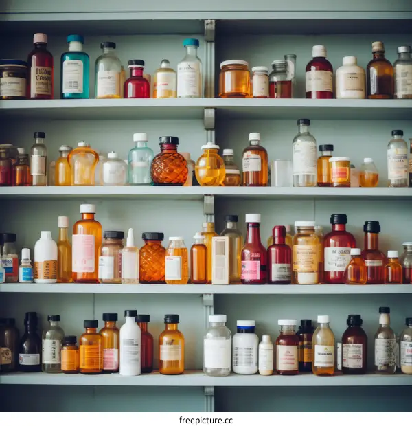 An old wooden shelf full of different kinds of glass bottles