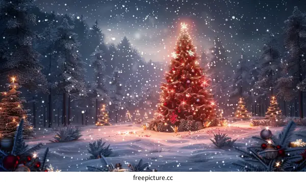 Winter Wonderland: Snow-Covered Forest and Decorated Christmas Tree
