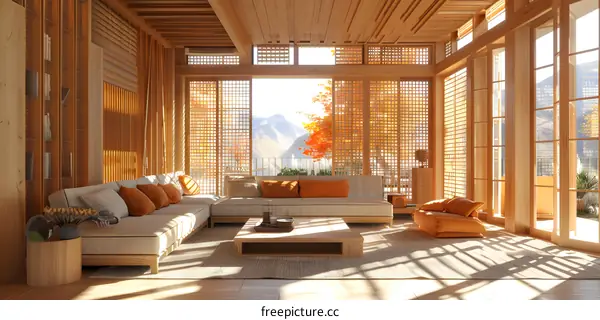 Wooden house interior with large windows and a view of the mountains