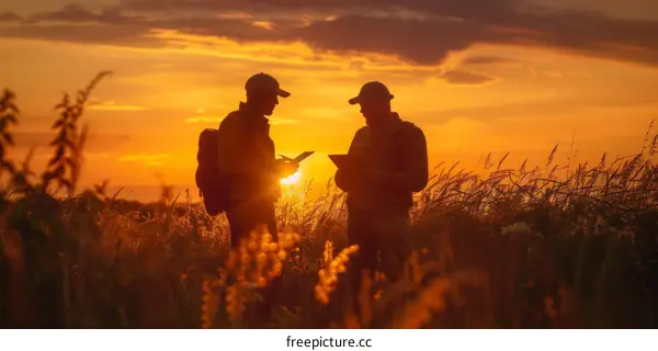 Two farmers are discussing something in a field while the sun sets in the background
