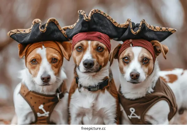 Three adorable dogs wearing pirate hats