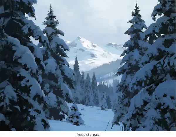 A Snow-Covered Mountain Range with Lush Pine Trees in Winter