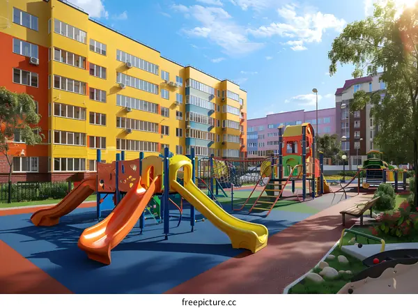 Colorful Playground with Modern Apartment Buildings