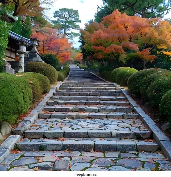 Stone Steps Leading to a Temple in Autumn