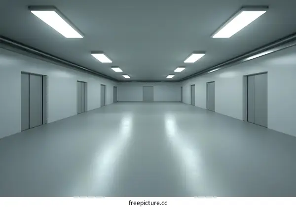 Empty Grey Room With Doors And Lights