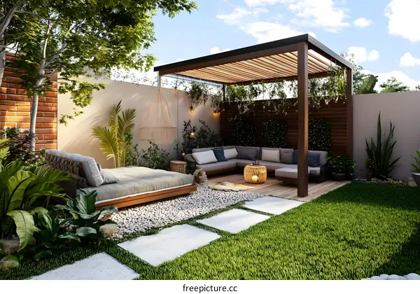 Modern Backyard Patio Design with Pergola and Lounge Furniture