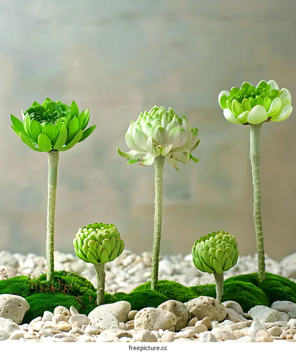 Green Flower Arrangement with Pebbles and Moss