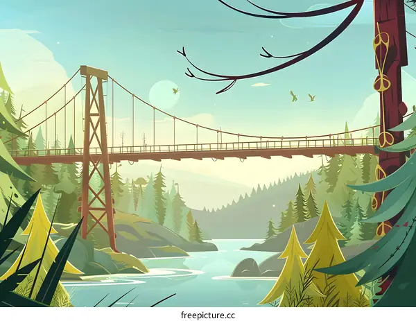 Beautiful Illustration of a Suspension Bridge Over a River