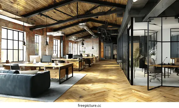 Modern Industrial Open-Plan Office Space with Glass Partitions