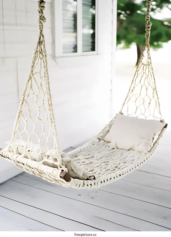 White Hammock Hanging On Porch With Cushions