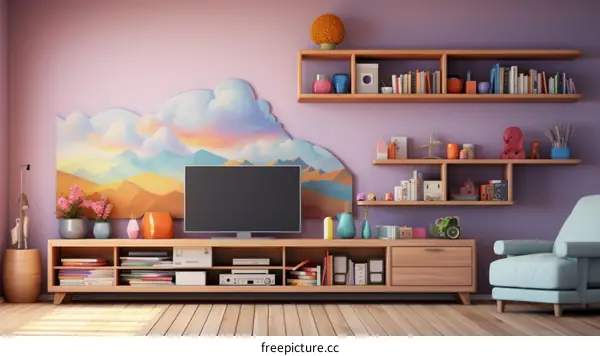 A cozy living room with a TV, bookshelves, and a sofa