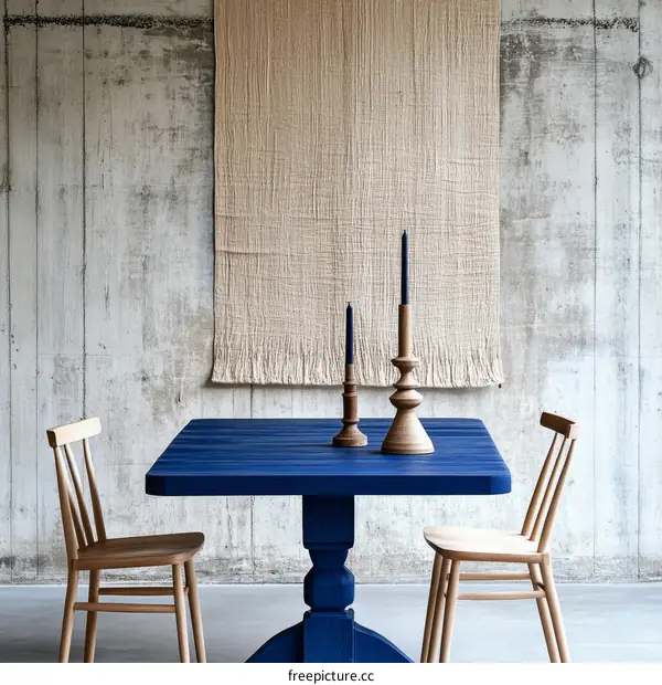 Dining Table with Light Beige Tapestry and Blue Wooden Chairs