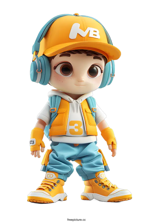 [Transparent Background PNG]3D cartoon character of a boy wearing a yellow cap and blue headphones