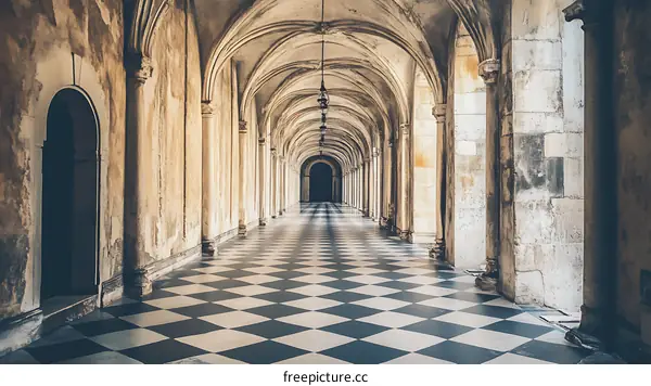 Checkered Floor Corridor of an Ancient Building