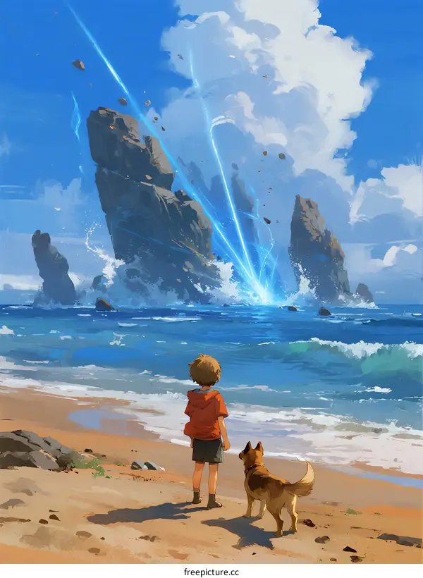 A child and a dog watching a dramatic scene of beams hitting rocks by the sea