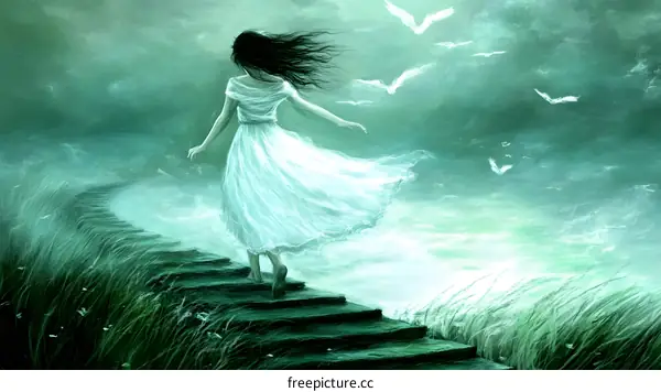 Woman Walking Away From the Shore on a Misty Day