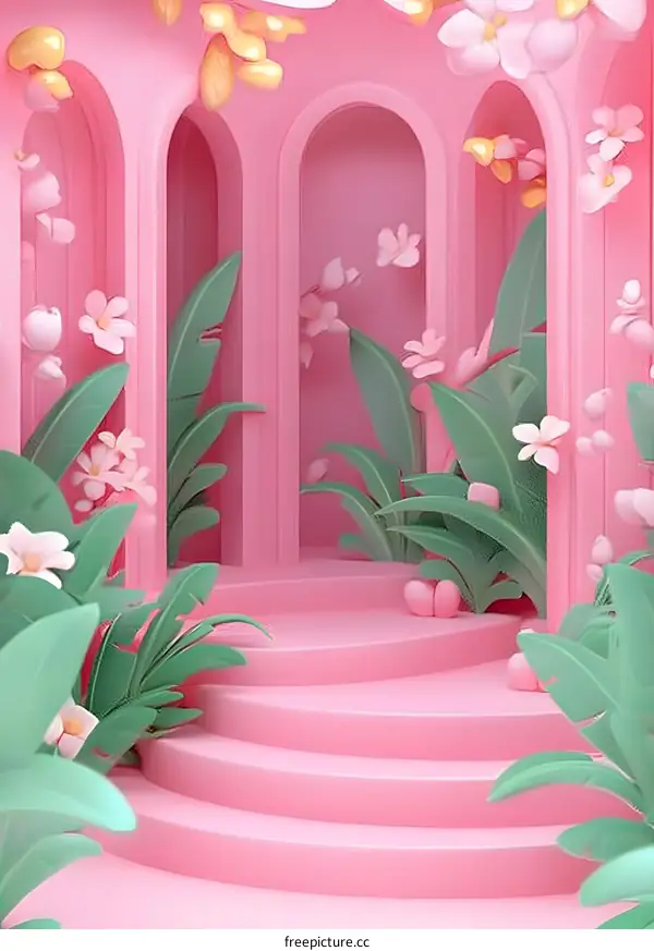 Pink 3D Archway with Flower and Plant