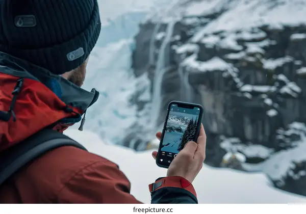 Man Taking a Photo of a Snowy Mountain Landscape