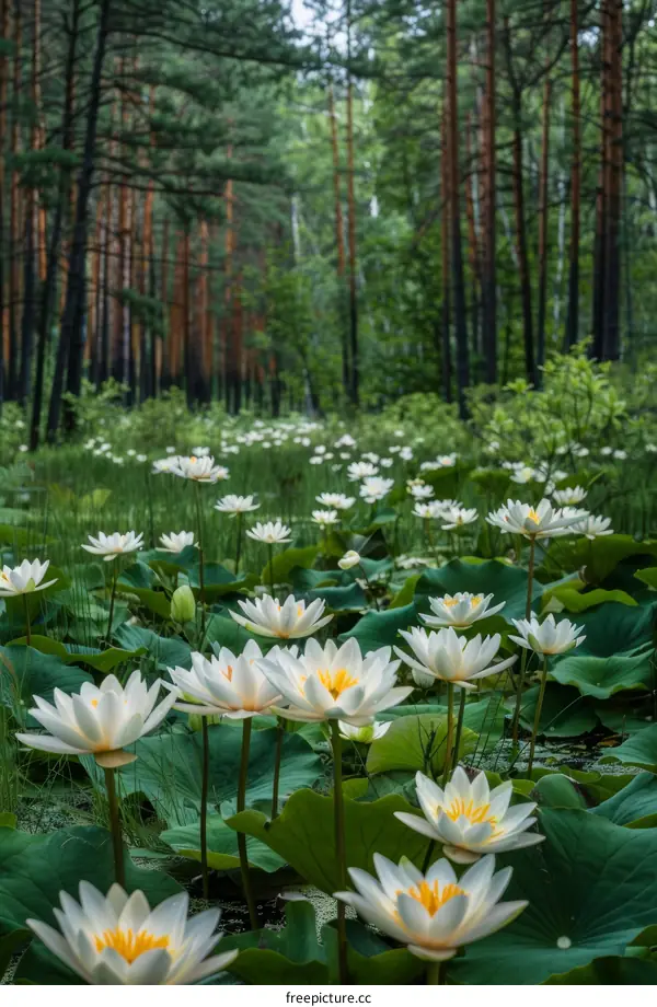 White water lilies in a pond surrounded by a pine forest