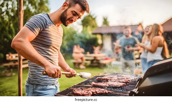 Man Grilling Meat On A Barbecue At A Backyard Party