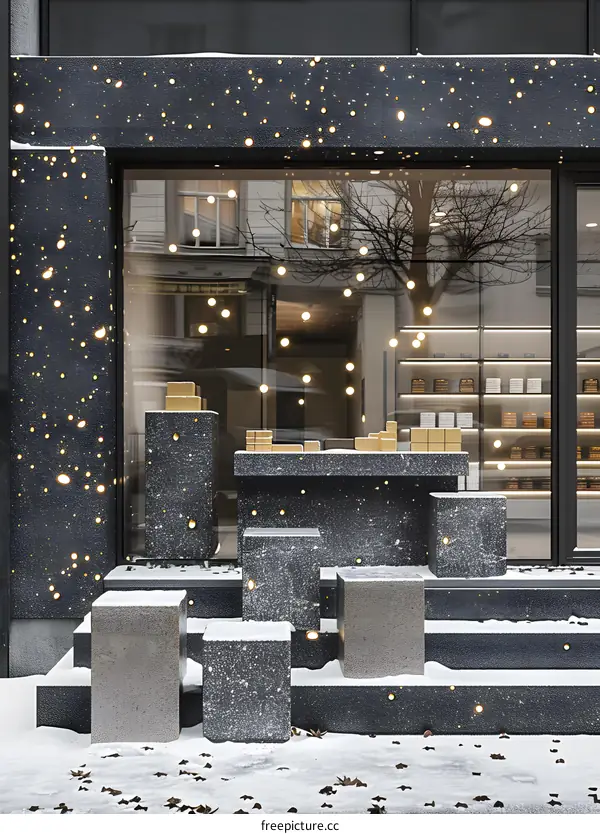 Modern Store Front With Snow Covered Steps And Golden Boxes