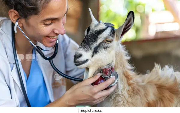 Caucasian female veterinarian checking a goat's heartbeat with a stethoscope