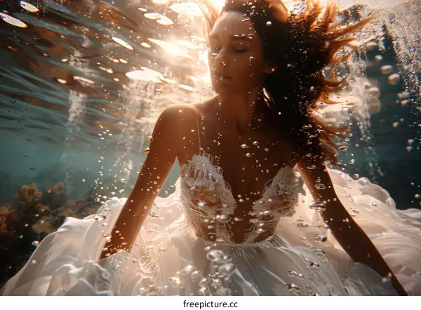 An underwater photo of a woman in a white dress