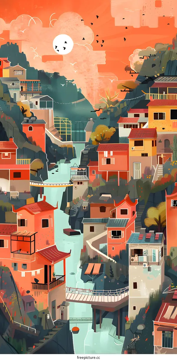 Waterfront Village Illustration with Red Roofs and a Blue Sky