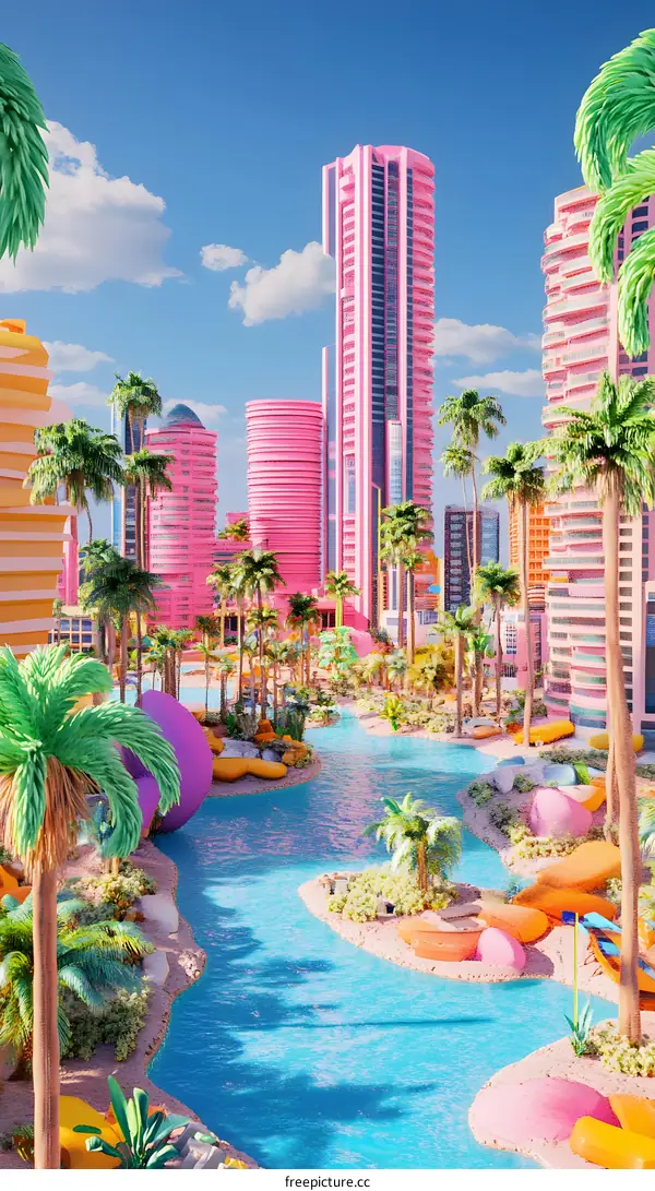 Pink Cityscape with Palm Trees and Pool