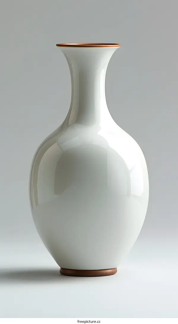 A white porcelain vase with a copper rim