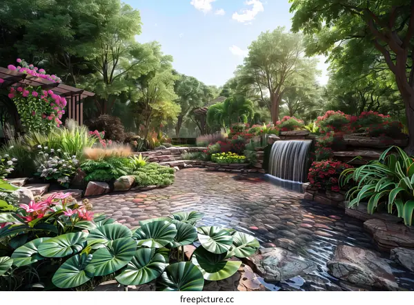 A Serene Garden Oasis with a Cascading Waterfall and a Tranquil Pond