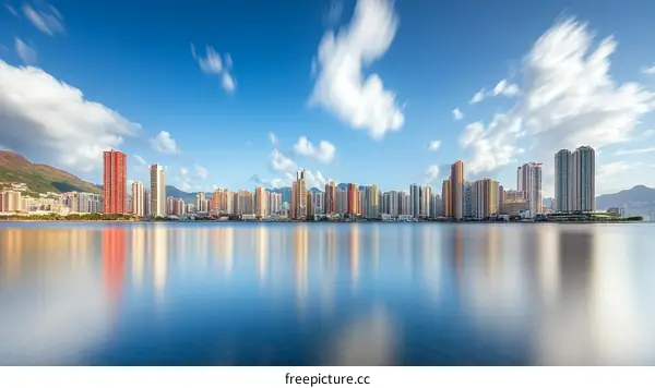 Cityscape Skyline with Reflections on a Calm Water Body
