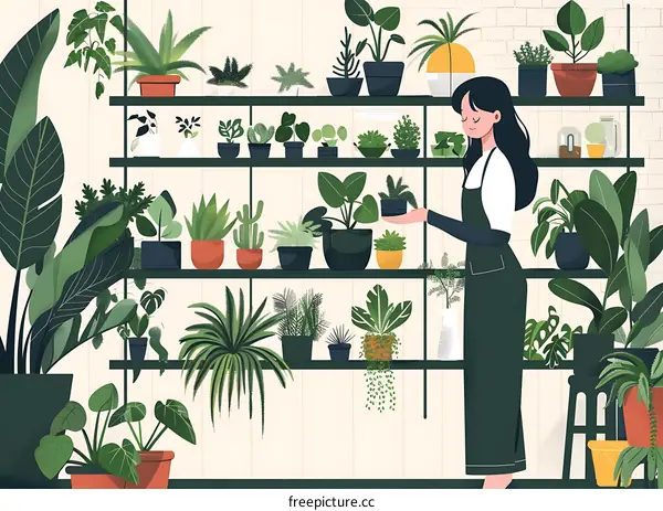 Woman Arranging Plants On Shelving In A Greenhouse